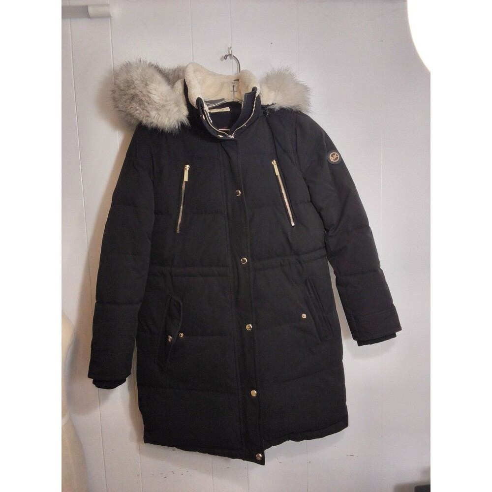 Michael Kors Women's Black Puffer Jacket Faux Fur Trim Hooded Coat Sz M